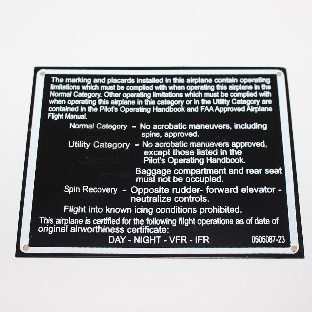 0505087-23 Cessna Aircraft Operating Limits Placard NEW