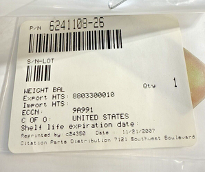 6241108-26 Cessna Citation Balance Weight NEW with 8130