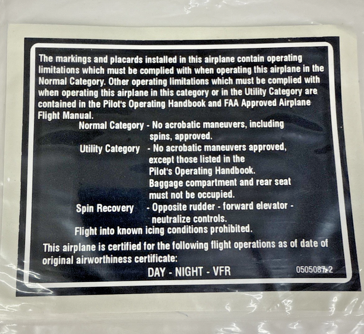 0505087-2 Cessna Aircraft Placard NEW