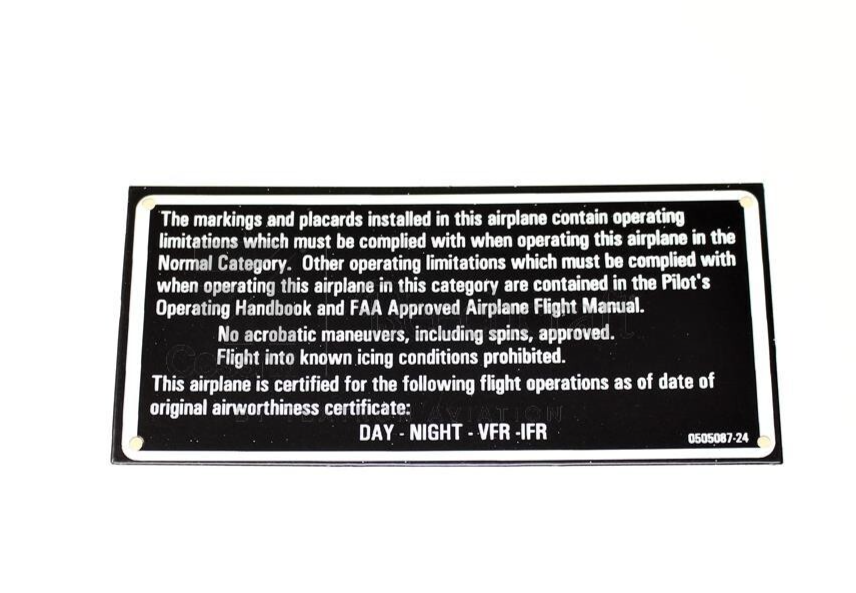 0505087-24 Cessna Placard Operating Limits NEW