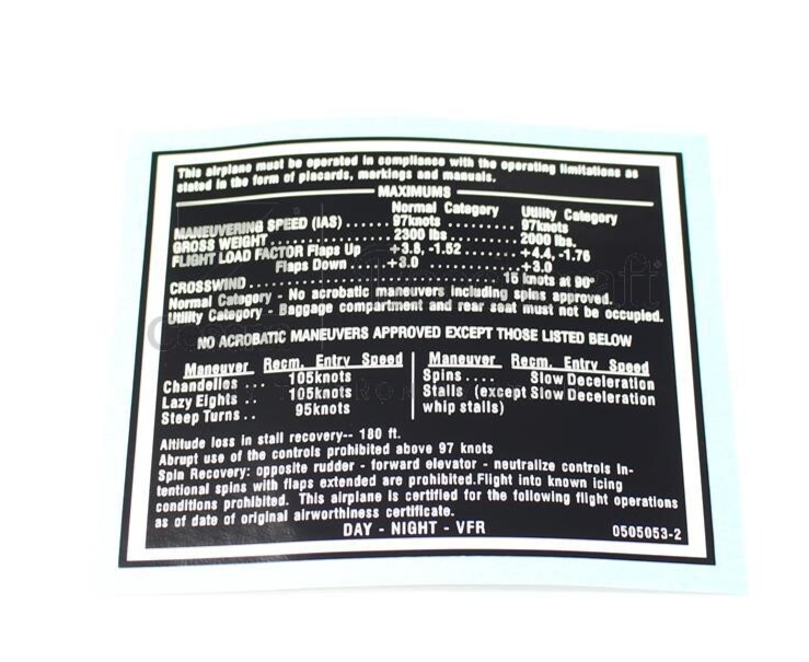 0505053-2 Cessna Aircraft Placard NEW