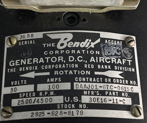 Bendix Aircraft Generator 30E16-11-C Amps 100 Volts 30