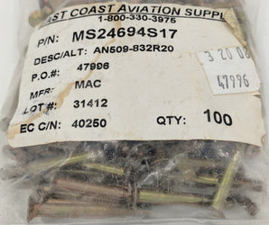 Aircraft Hardware MS24694S17 AN509-832R20  Bag of 100