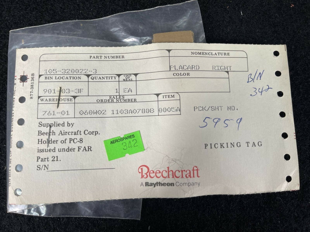 Beechcraft 105-320022-3 Decal Right Tach Ident